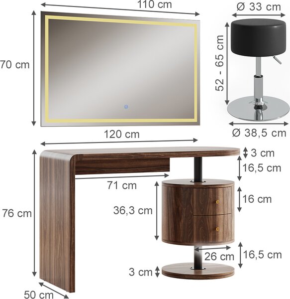 Toaletní stolek Vicco Lara Rustikální dub 120 cm se zrcadlem LED a stoličkou, Model 50183