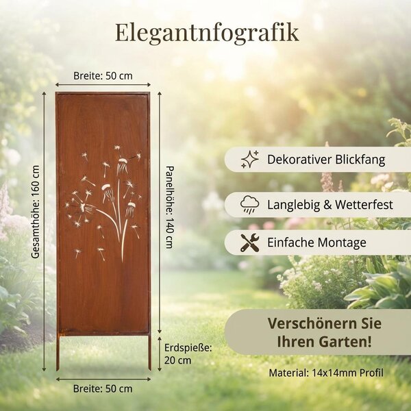 Zahradní dekorativní panel z oceli s patinou „Pampeliška“ 160x50 cm, efekt corten