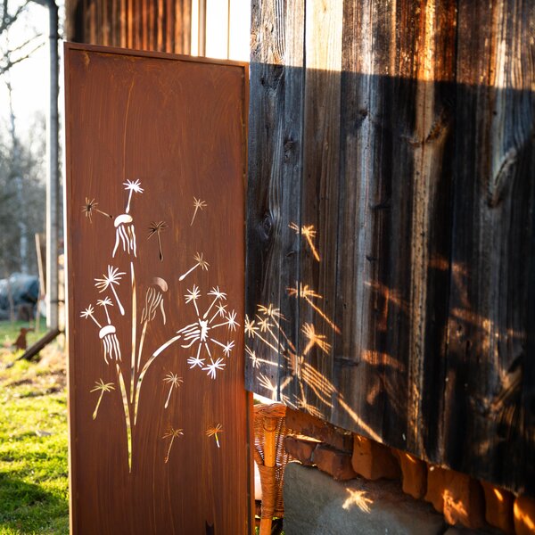 Zahradní dekorativní panel z oceli s patinou „Pampeliška“ 160x50 cm, efekt corten