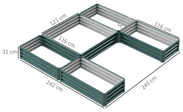 Outsunny Modulární ocelová zahradní čtvercová nádobka na zeleninu, sada 5 květináčů pro zeleninu, rostliny, květiny, rozměry 245L x 242W x 31H cm, zel