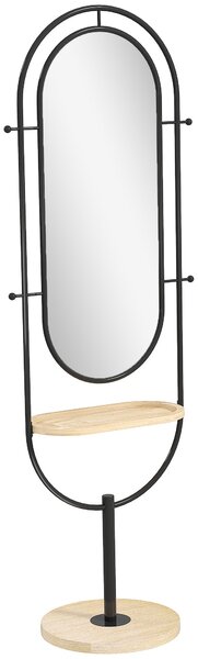 HOMCOM Oválné Stojací Zrcadlo s Dřevěnou Policí, 4 Háčky, Kovový Rám, pro Ložnici, Obývací Pokoj a Šatnu, 50 x 40 x 175,5 cm, Černé | Aosom
