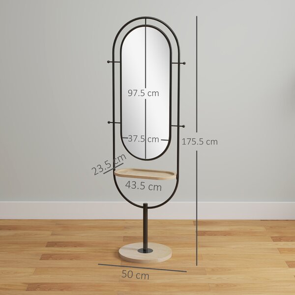 HOMCOM Oválné Stojací Zrcadlo s Dřevěnou Policí, 4 Háčky, Kovový Rám, pro Ložnici, Obývací Pokoj a Šatnu, 50 x 40 x 175,5 cm, Černé | Aosom