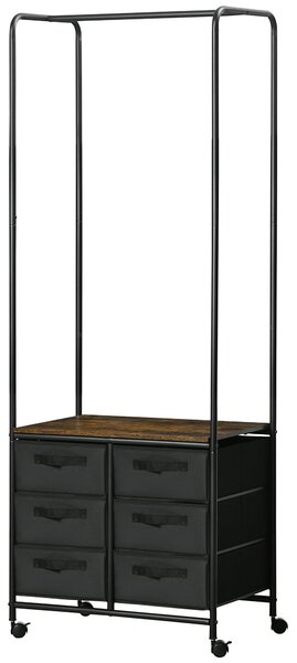HOMCOM Skříň v industriálním stylu s 6 látkovými zásuvkami a 4 kolečky - 63,5 x 40 x 172,5 cm černá hnědá | Aosom