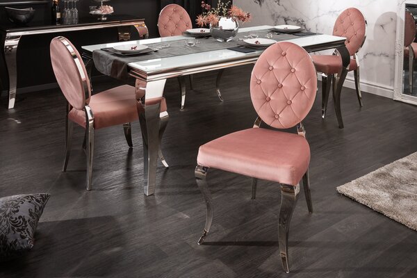Elegantní židle MODERN BAROCK starožitný růžový samet s knoflíky nohy z nerezové oceli