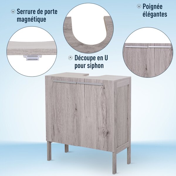 HOMCOM Koupelnová Skříňka s Dřezem - Podskříňková Skříň - Skříňka se 2 Dveřmi a Policí - rozměry 60Š x 30H x 70V cm - Šedá Dřevoimitace MDF | Aosom