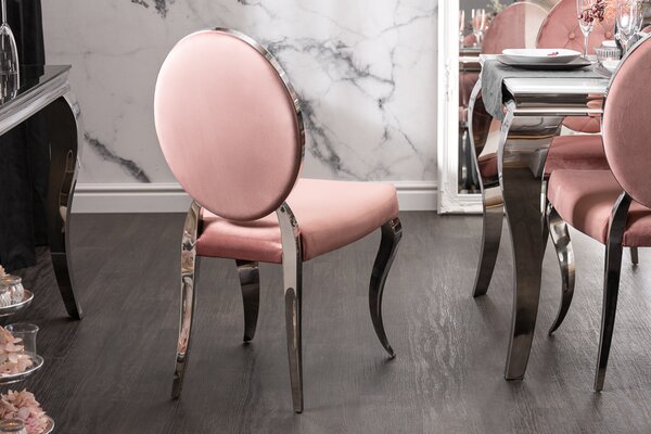 Elegantní židle MODERN BAROCK starožitný růžový samet s knoflíky nohy z nerezové oceli