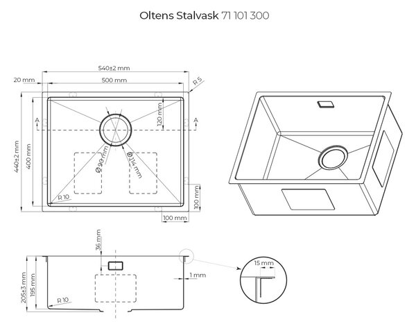 Oltens Stalvask ocelový dřez 54x44 cm černá 71101300