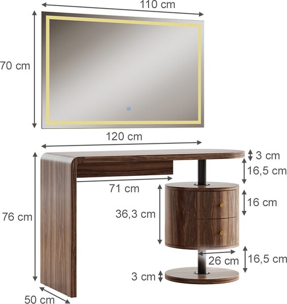 Kosmetický stolek Vicco Lara Rustikální dub 120 cm se zrcadlem LED, Model 50184
