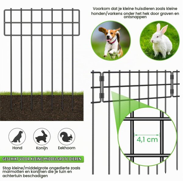Dekorativní zahradní plot, 10 kusů, kovová drátěná ohrada, celková výška 42 cm, délka 3,05 m