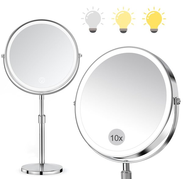 Kosmetické zrcadlo s LED osvětlením - 10x zvětšení - 1x - Oboustranné zvětšovací zrcadlo s 3 režimy osvětlení - Výška nastavitelná