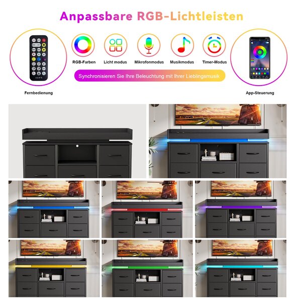 ProximaX Černá komoda s 8 zásuvkami, nabíjecí stanicí a RGB LED osvětlením, látkovými zásuvkami, ochranou proti převrácení, robustním ocelovým rámem, skříňka pod televizi do obývacího pokoje a ložnice, 108 x 30 x 82 cm