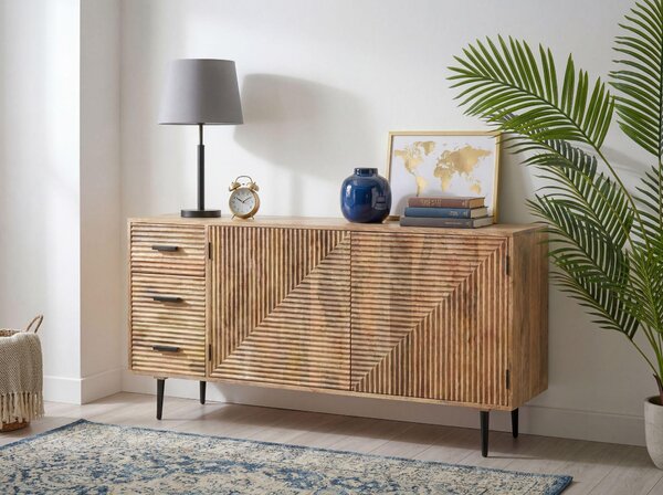 FineBuy Sideboard Mango Masivní dřevo 160 cm Komoda 2 dveře a 3 zásuvky Skříň do předsíně Skříň do obývacího pokoje Kovové nohy Servírovací stolek Stojanová skříň Ruční výroba