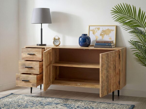 FineBuy Sideboard Mango Masivní dřevo 160 cm Komoda 2 dveře a 3 zásuvky Skříň do předsíně Skříň do obývacího pokoje Kovové nohy Servírovací stolek Stojanová skříň Ruční výroba