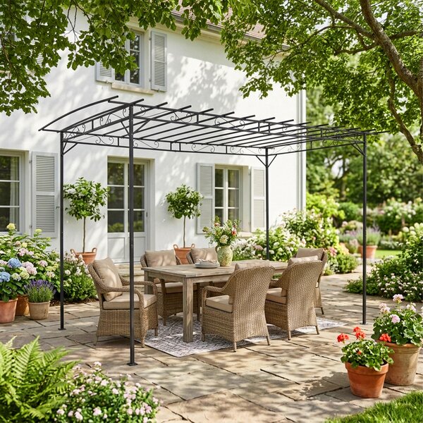 Relaxdays Pergola, kovová, VxŠxH: 215 x 320 x 190 cm, samostatně stojící zastřešení terasy, zahradní růžový oblouk, černá