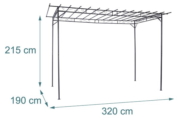 Relaxdays Pergola, kovová, VxŠxH: 215 x 320 x 190 cm, samostatně stojící zastřešení terasy, zahradní růžový oblouk, černá