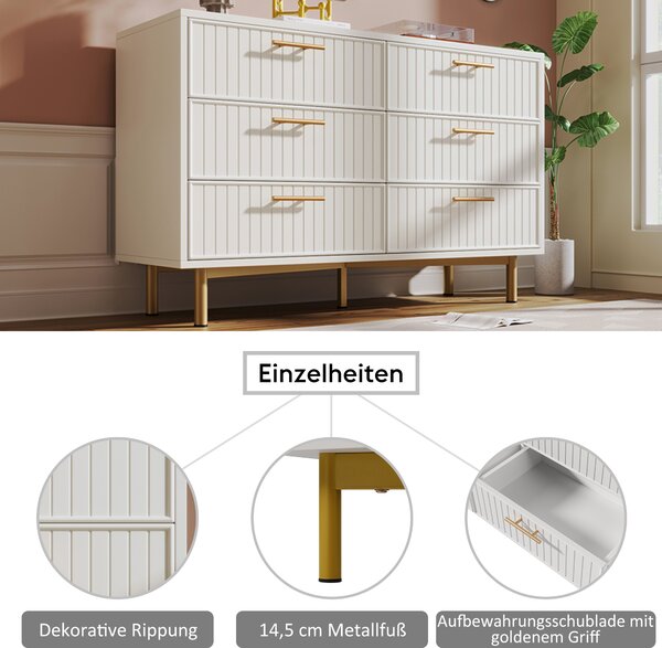 Komoda Sweiko Komoda se 6 zásuvkami, bílá Příborník Vysoká deska do ložnice a všech obývacích pokojů , bílá -H75/B120/T40 cm