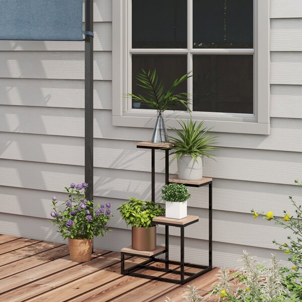 Outsunny Kovový a Dřevěný Stojan na Rostliny s Květinami 4 Úrovně Průmyslový Styl 40L x 40Š x 75,5V cm | Aosom