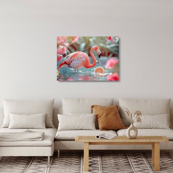 Skleněný obraz - Plameňák v jezírku (70x50 cm)
