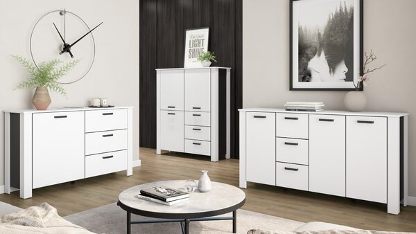 ByLIVING Highboard FARO / Bílá, černá horní deska / Vzhled s cvočky / 3 dvířka a 3 zásuvky / Nastavitelné police / Spousta úložného prostoru / Příborník / Komoda / Rozměry: š 160, v 84, hl 40 cm