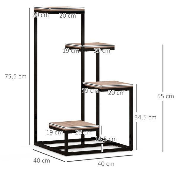 Outsunny Kovový a Dřevěný Stojan na Rostliny s Květinami 4 Úrovně Průmyslový Styl 40L x 40Š x 75,5V cm | Aosom