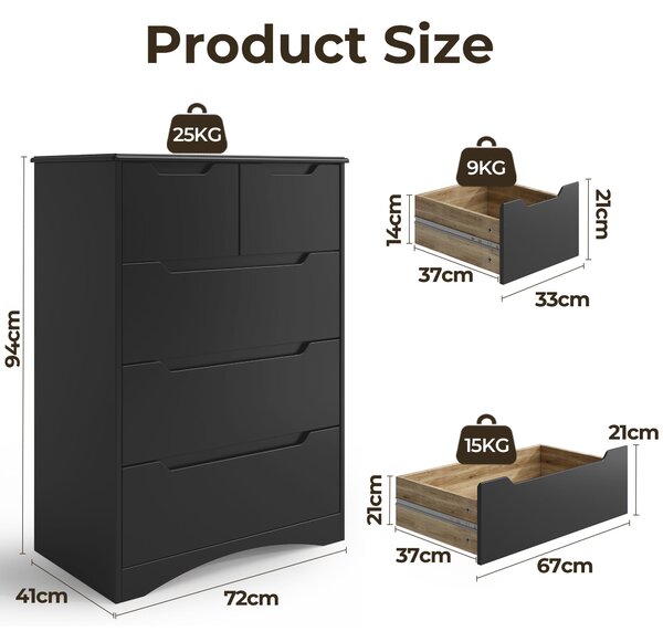 Komoda Bealife 72x41x94 cm | 3 + 2 zásuvky | Černá | Vyrobeno z MDF | S ochranou proti převrácení a pojezdy zásuvek | AP23