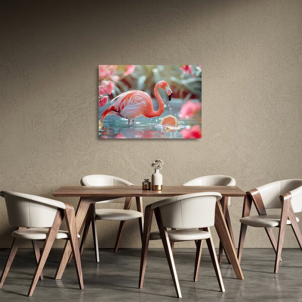 Skleněný obraz - Plameňák v jezírku (70x50 cm)