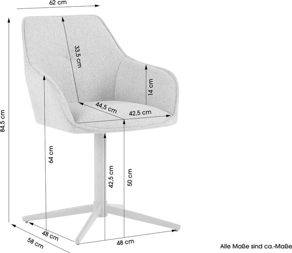 Sada dvou jídelních židlí byLIVING OTTAWA, potah: světlý šedý textil, konstrukce: buk, otočné o 360° s područkami. Rozměry: šířka 62 cm, výška 84,5 cm, hloubka 58 cm