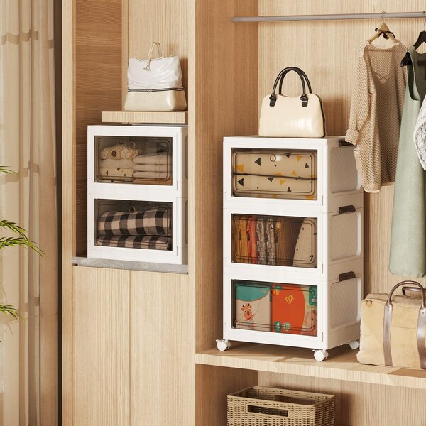 COSTWAY 105L skládací úložný box s víkem, sada 3 plastových boxů, úložné kontejnery s kolečky a dvířky, stohovatelné boxy, 48x34x82cm, bílá barva