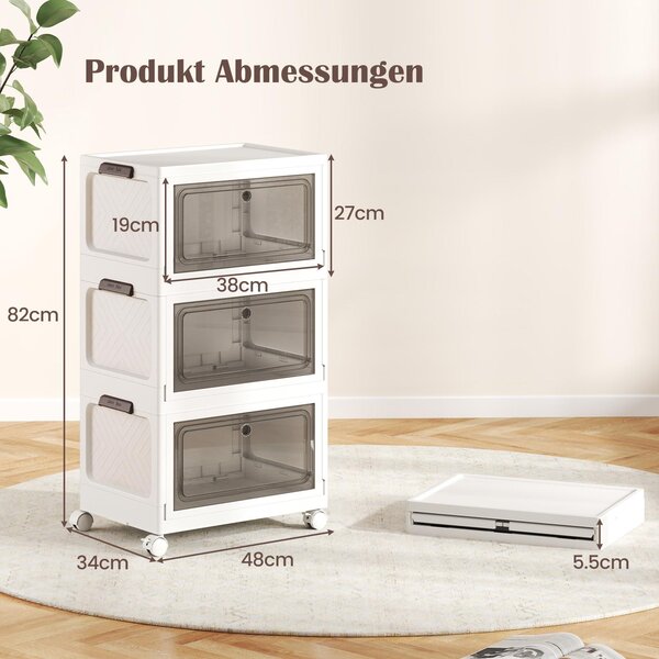 COSTWAY 105L skládací úložný box s víkem, sada 3 plastových boxů, úložné kontejnery s kolečky a dvířky, stohovatelné boxy, 48x34x82cm, bílá barva