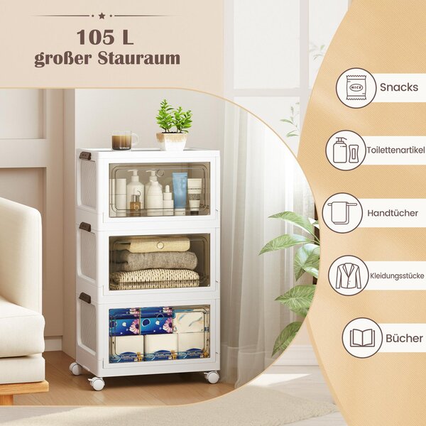 COSTWAY 105L skládací úložný box s víkem, sada 3 plastových boxů, úložné kontejnery s kolečky a dvířky, stohovatelné boxy, 48x34x82cm, bílá barva