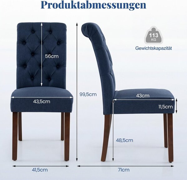 COSTWAY Sada 2 jídelních židlí, kuchyňské židle s čalouněným sedákem a opěrkou, čalouněné židle s nohami z kaučukového dřeva, židle k jídelnímu stolu, modré