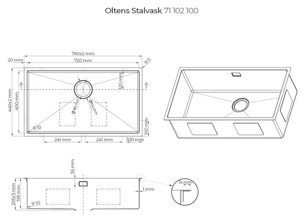Oltens Stalvask ocelový dřez 76x44 cm ocel 71102100