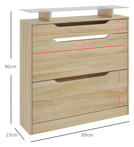 HOMCOM Botník se 2 otočnými zásuvkami + 1 posuvnou zásuvkou + 1 policí a 1 skleněnou policí nastavitelnou ve 2 úrovních 89 x 23 x 96 cm Dub | Aosom