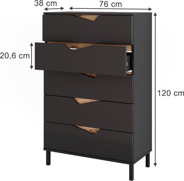 Kredenc Vicco Marelle Antracit/Řemeslný dub 76 x 120 cm s 5 zásuvkami, Model 57846