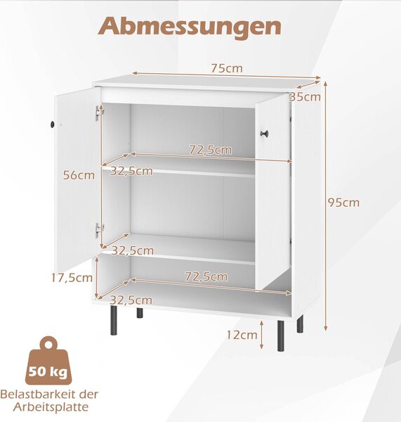 COSTWAY Sideboard Buffet Cabinet, kuchyňská skříňka s 2 dveřmi s nastavitelnou policí a protisměrným náklonem Moderní skříňka na kávu Mid-Century Bar Cabinet White