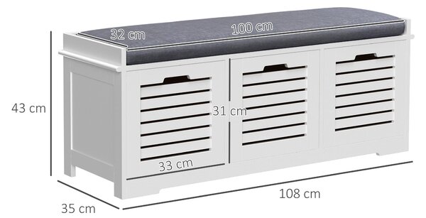 HOMCOM Botníková lavička s 3 zásuvkami a odnímatelným sedáku, Úložná lavička do předsíně, vstupní haly, ložnice, rozměry 108L x 35W x 43H cm, bílá | A