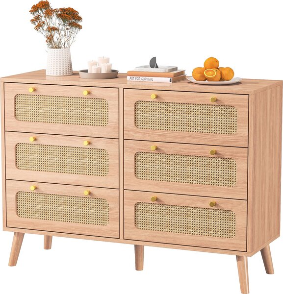 Komoda Fortuna Lai s 6 zásuvkami, nohy z masivního dřeva, moderní design, nábytek do ložnice, 100x34x73 cm, hnědá barva
