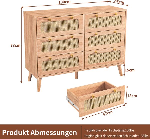 Komoda Fortuna Lai s 6 zásuvkami, nohy z masivního dřeva, moderní design, nábytek do ložnice, 100x34x73 cm, hnědá barva