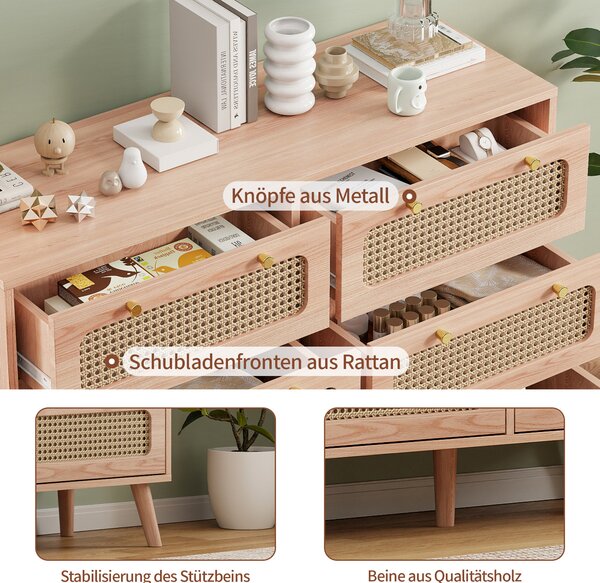 Komoda Fortuna Lai s 6 zásuvkami, nohy z masivního dřeva, moderní design, nábytek do ložnice, 100x34x73 cm, hnědá barva