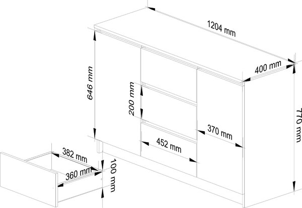 Kombinovaná skříň K016 bílá 120 cm se 3 zásuvkami a 2 výsuvnými dveřmi
