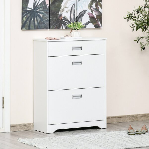 HOMCOM Botník s 2 skládacími zásuvkami, nastavitelnou policí + 1 zásuvkou + 1 pracovní plochou pro až 16 párů, 70cm x 29cm x 92cm, Bílý | Aosom