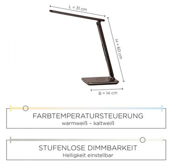 PAUL NEUHAUS LED stolní lampa hnědá barva s funkcí stmívání, indukčním nabíjením mobilních telefonů a nastavitelnou barvou světla 2700-5000K