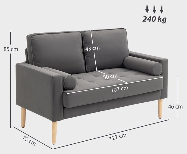 HOMCOM Moderní sametová pohovka pro 2 osoby 127 cm, silné pružinové polštáře, dřevěné nohy z kaučukovníku, 2 polštáře a prošívané sedadlo, pohovka pro