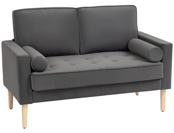 HOMCOM Moderní sametová pohovka pro 2 osoby 127 cm, silné pružinové polštáře, dřevěné nohy z kaučukovníku, 2 polštáře a prošívané sedadlo, pohovka pro