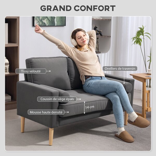 HOMCOM Moderní sametová pohovka pro 2 osoby 127 cm, silné pružinové polštáře, dřevěné nohy z kaučukovníku, 2 polštáře a prošívané sedadlo, pohovka pro