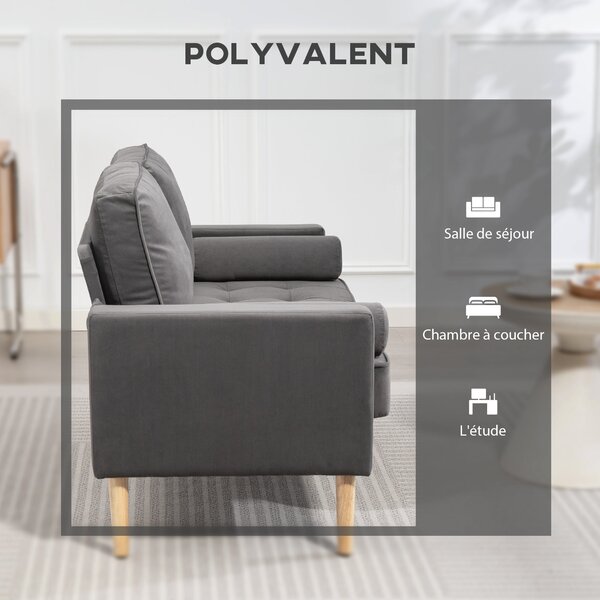 HOMCOM Moderní sametová pohovka pro 2 osoby 127 cm, silné pružinové polštáře, dřevěné nohy z kaučukovníku, 2 polštáře a prošívané sedadlo, pohovka pro