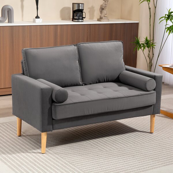 HOMCOM Moderní sametová pohovka pro 2 osoby 127 cm, silné pružinové polštáře, dřevěné nohy z kaučukovníku, 2 polštáře a prošívané sedadlo, pohovka pro