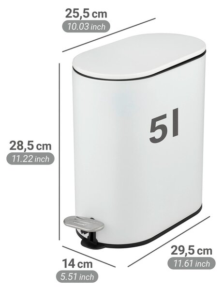 WENKO Kosmetický koš Mod Collungo volně stojící bílý koš s pedálem 5 litrů automatické spouštění z kovu oceli plastu 14 x 28,5 x 29,5 cm bílá černá