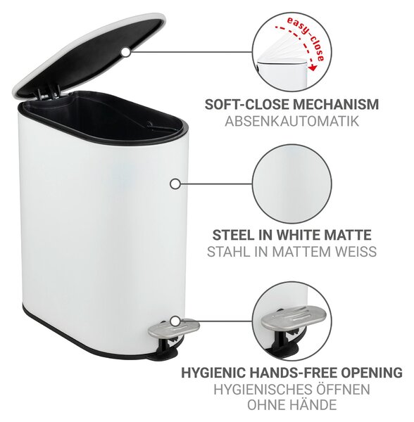 WENKO Kosmetický koš Mod Collungo volně stojící bílý koš s pedálem 5 litrů automatické spouštění z kovu oceli plastu 14 x 28,5 x 29,5 cm bílá černá