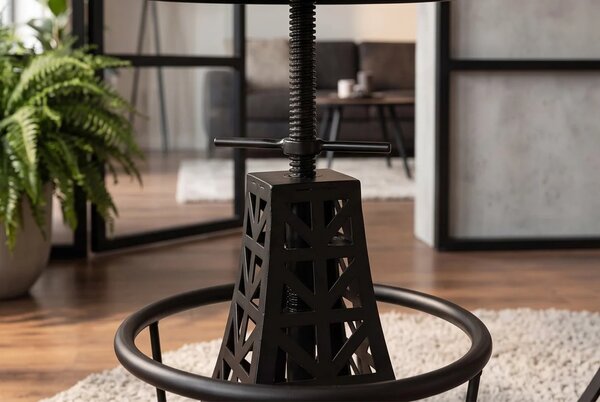 Industriální výškově nastavitelná barová židle Eiffel s kulatým hnědým sedadlem a černou kovovou podstavou 47 - 77 cm